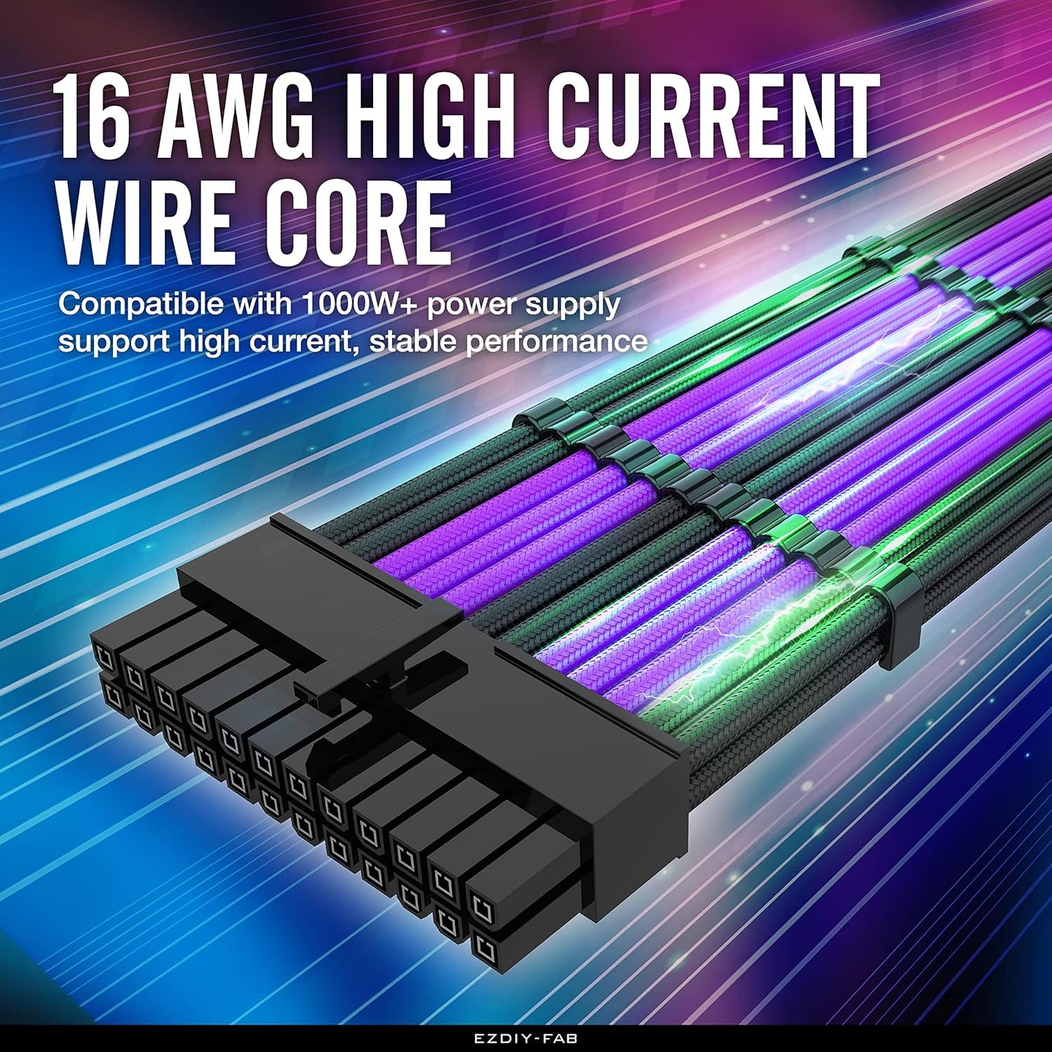 PSU Cable Extension Kit Sleeved Cable Custom Power Supply Sleeved Extension 16 AWG 24-PIN 8-PIN 6-PIN 4+4-PIN with Combs- Black/Purple