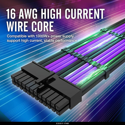 PSU Cable Extension Kit Sleeved Cable Custom Power Supply Sleeved Extension 16 AWG 24-PIN 8-PIN 6-PIN 4+4-PIN with Combs- Black/Purple