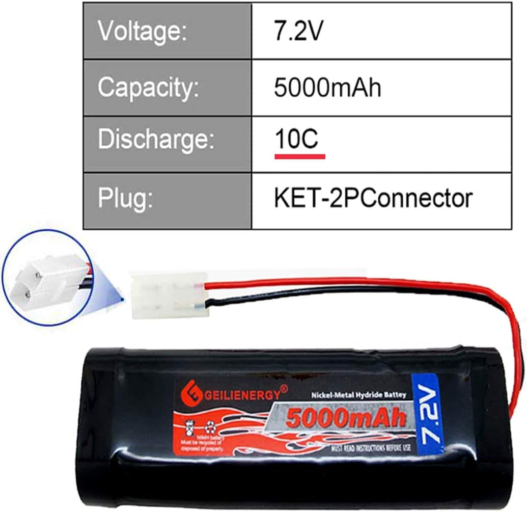 7.2V 5000Mah 10C 6-Cell Nimh Battery for RC Cars Hobby Battery with Tamiya Connector for Car Truck Truggy Buggy Tank Airplane Helicopter Boat Racing (2 Pack)