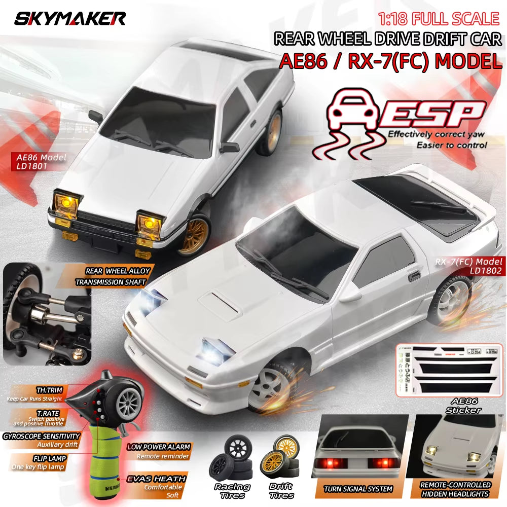 AE86 Model LD1801 RX-7 FC LD1802 1:18 RC Drift Car 1/18 2.4G Remote Control ESP Gyroscope LED Mini RC Racing Car Toys