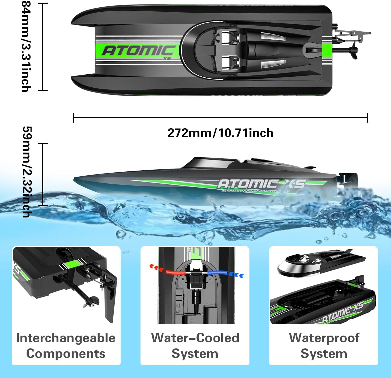 Remote Control Boats for Pools and Lakes 20+MPH Atomicxs High Speed RC Boat for Adults Toy Boat Gifts with 2 Batteries & Reverse Function (795-5 Black)